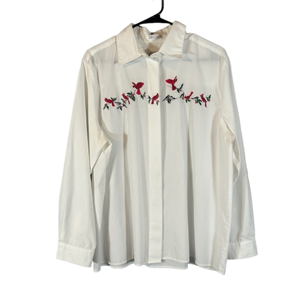 Orvis White Northern Cardinal Bird Floral Button Down Shirt Women Sz 18 VTG